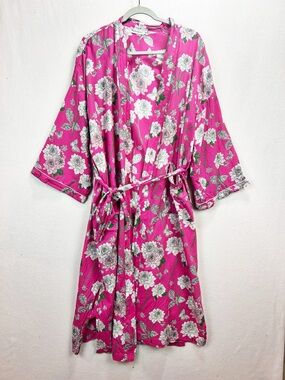 Mahogany Kimono Robe Pink Floral Printed Lightweight Size M Cotton Calf Length